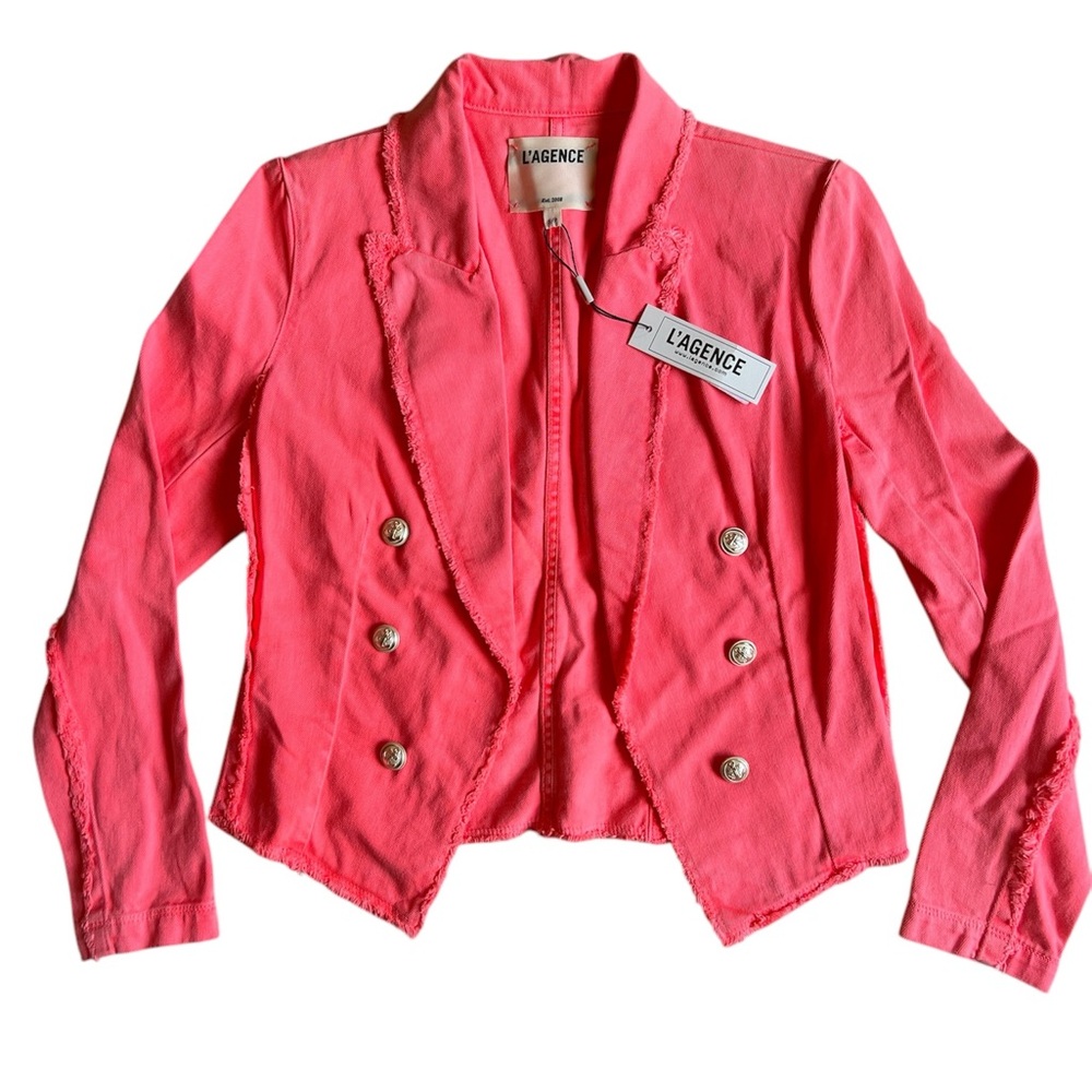 NWT L’Agence Wayne Crop Fray Jacket, in Neon Coral - Picture 4 of 8